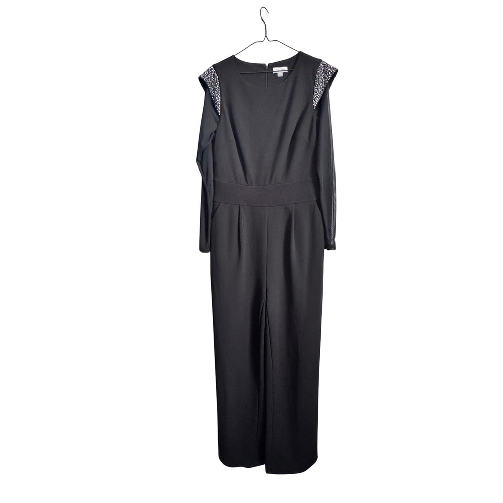 Calvin Klein Black Embellished Shoulder Sheer Sleeve Jumpsuit‎ Women's Size 12